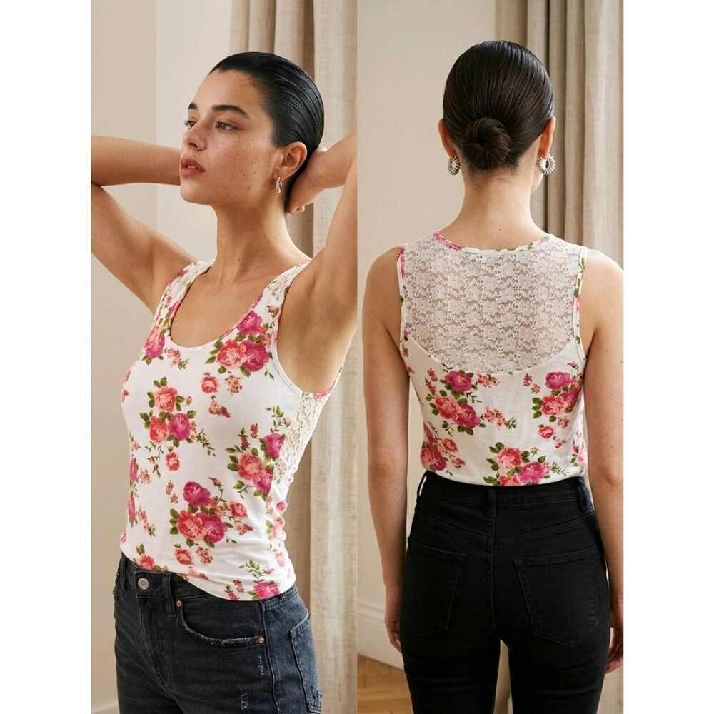 🔺️Forever 21 Cream Lace & Floral Print Sleeveless Top Large